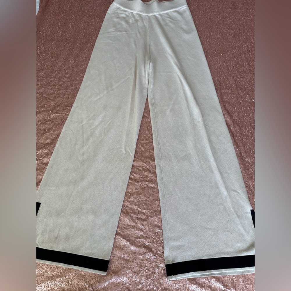 Entro Solid Ribbed High Waisted Wide Leg Pants,S Beige/black. Beach, Resort Wear